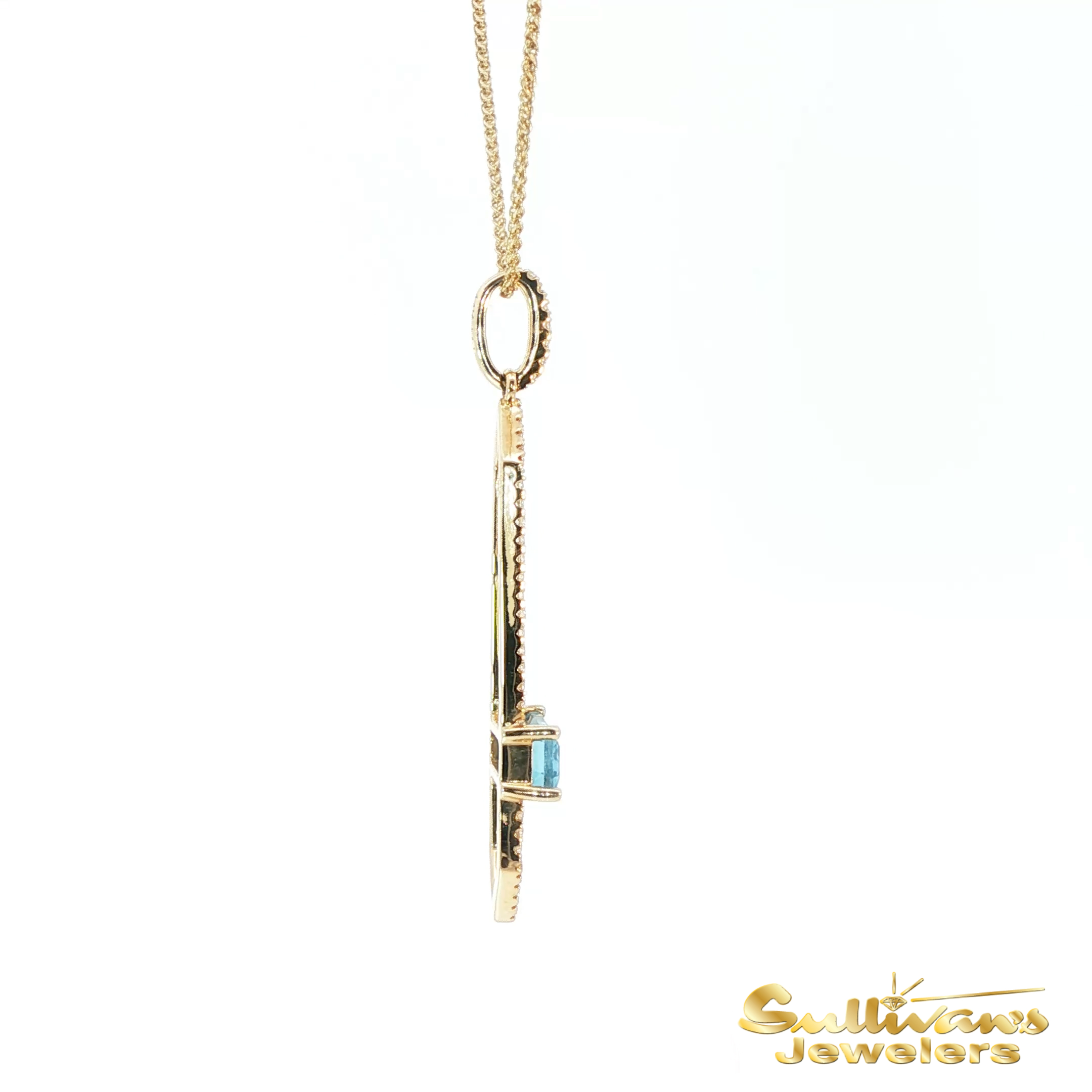 14K Yellow Gold and Diamond Pendant with Emerald Cut Blue Topaz