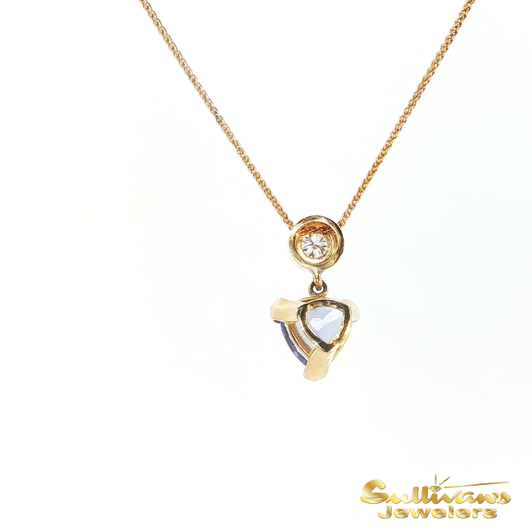 14K Yellow Gold Trillion Tanzanite and Round Diamond Necklace