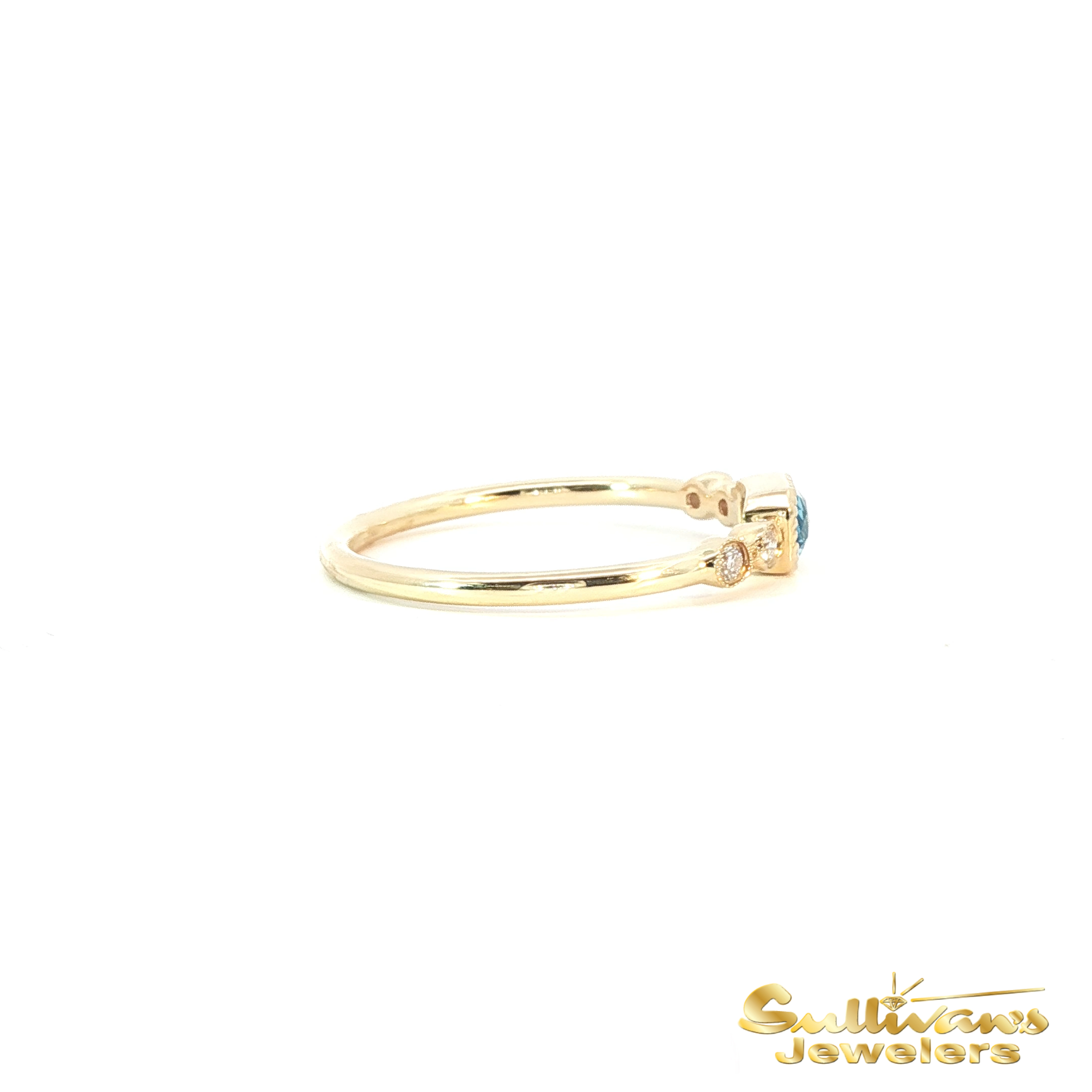 14K Yellow Gold Emerald Cut Blue Topaz and Diamond Ring