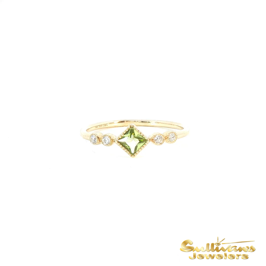 14K Yellow Gold Princess Cut Peridot and Diamond Stackable Ring
