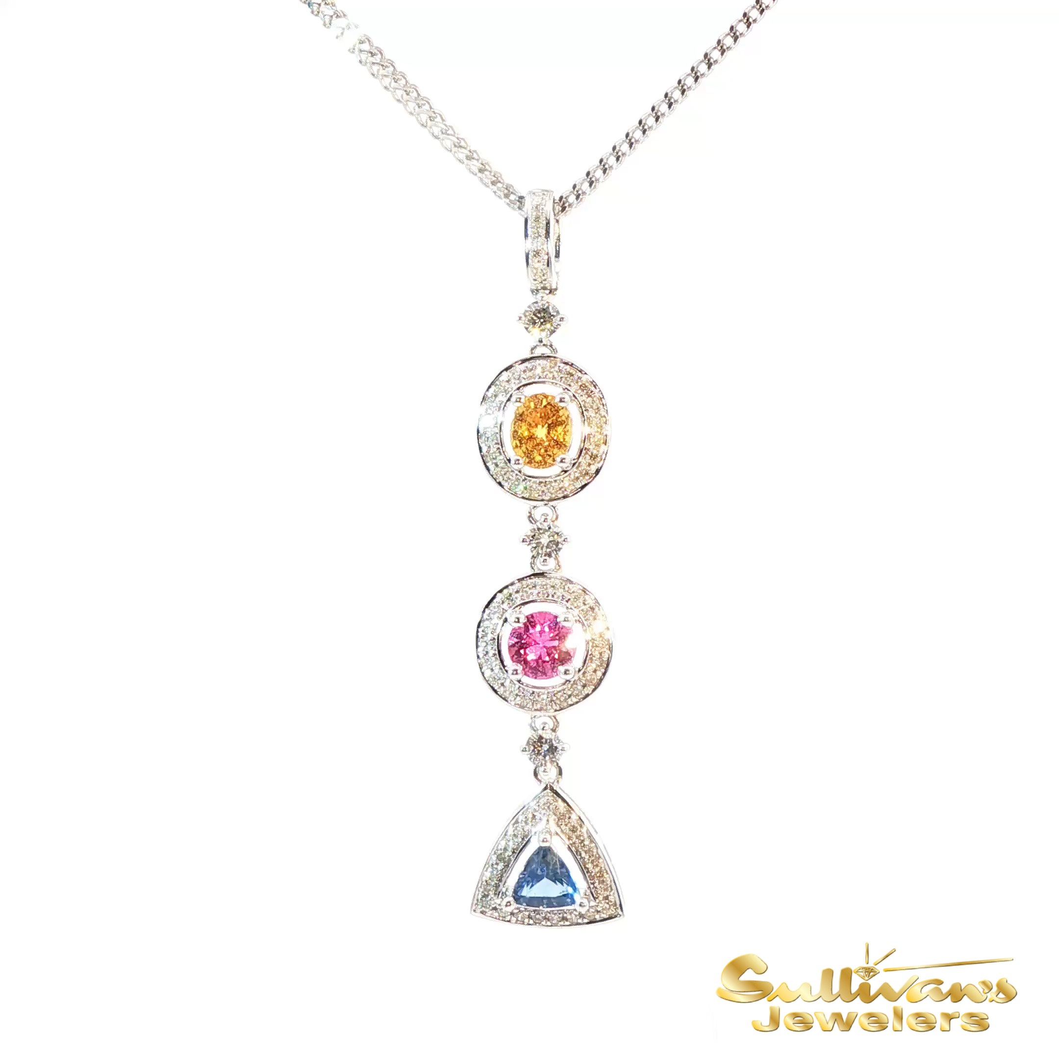 14K White Gold Multi-Colored Sapphire Halo Pendant