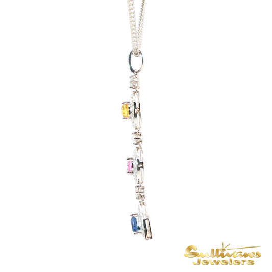 14K White Gold Multi-Colored Sapphire Halo Pendant
