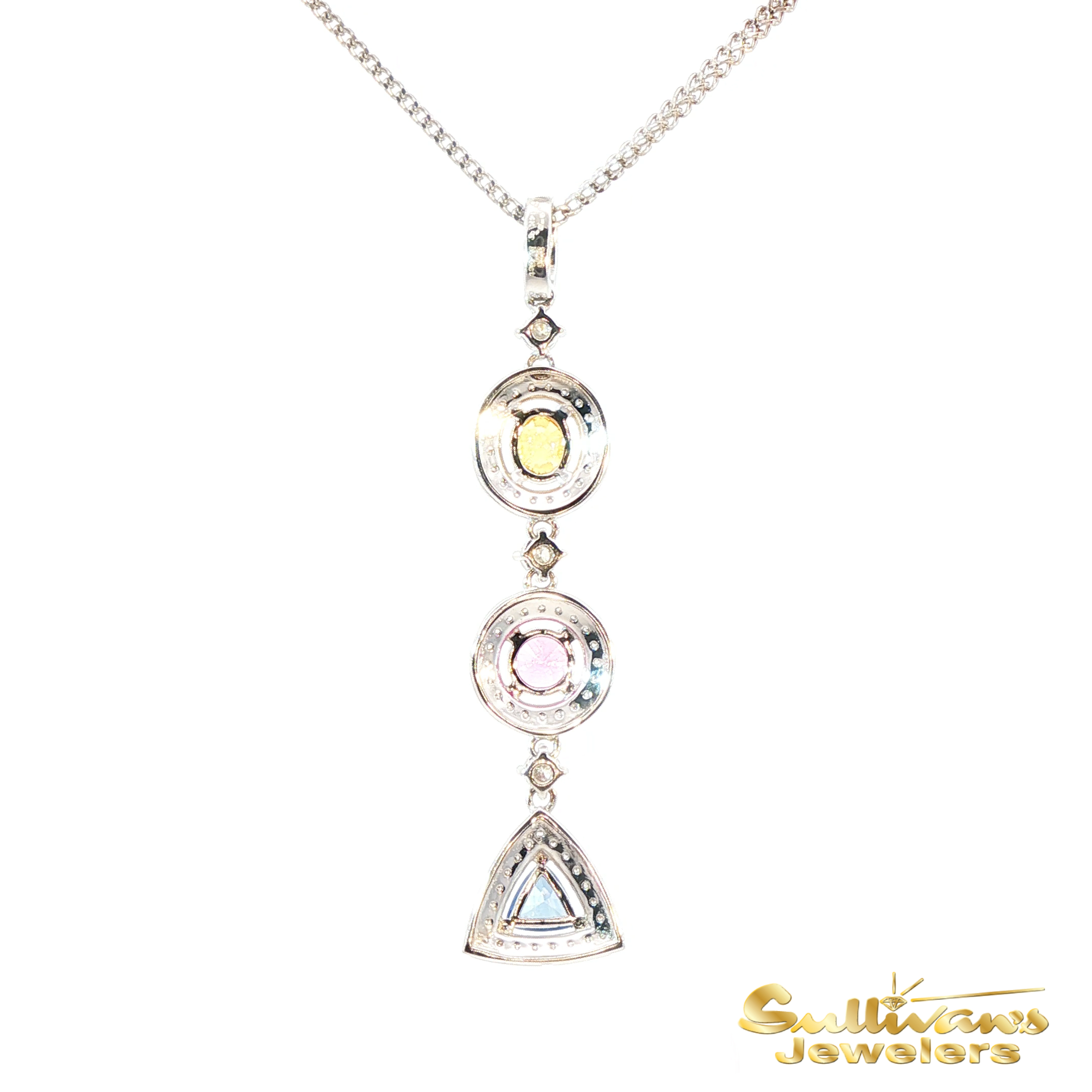14K White Gold Multi-Colored Sapphire Halo Pendant