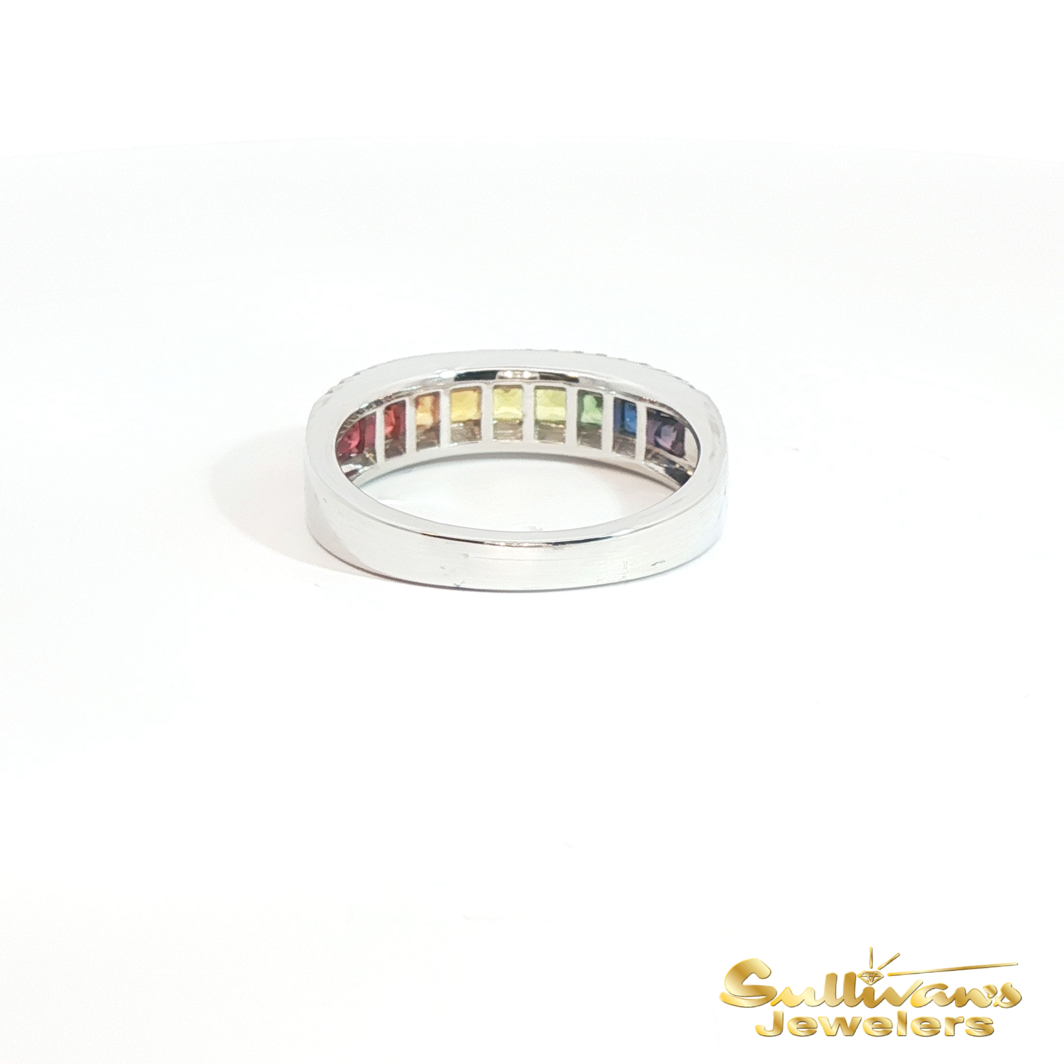 14k White Gold Multi Stone Rainbow Sapphire and Diamond Ring