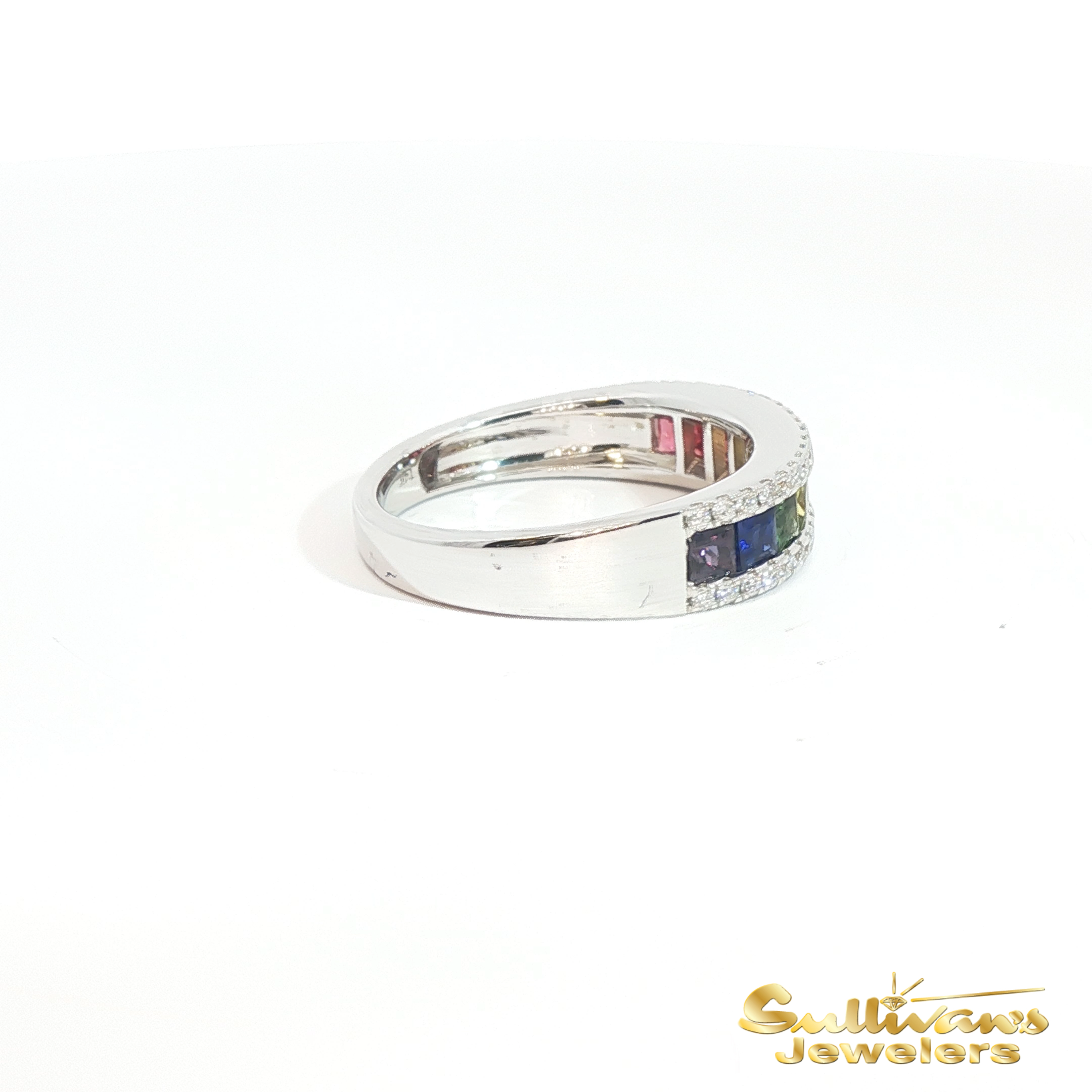 14k White Gold Multi Stone Rainbow Sapphire and Diamond Ring
