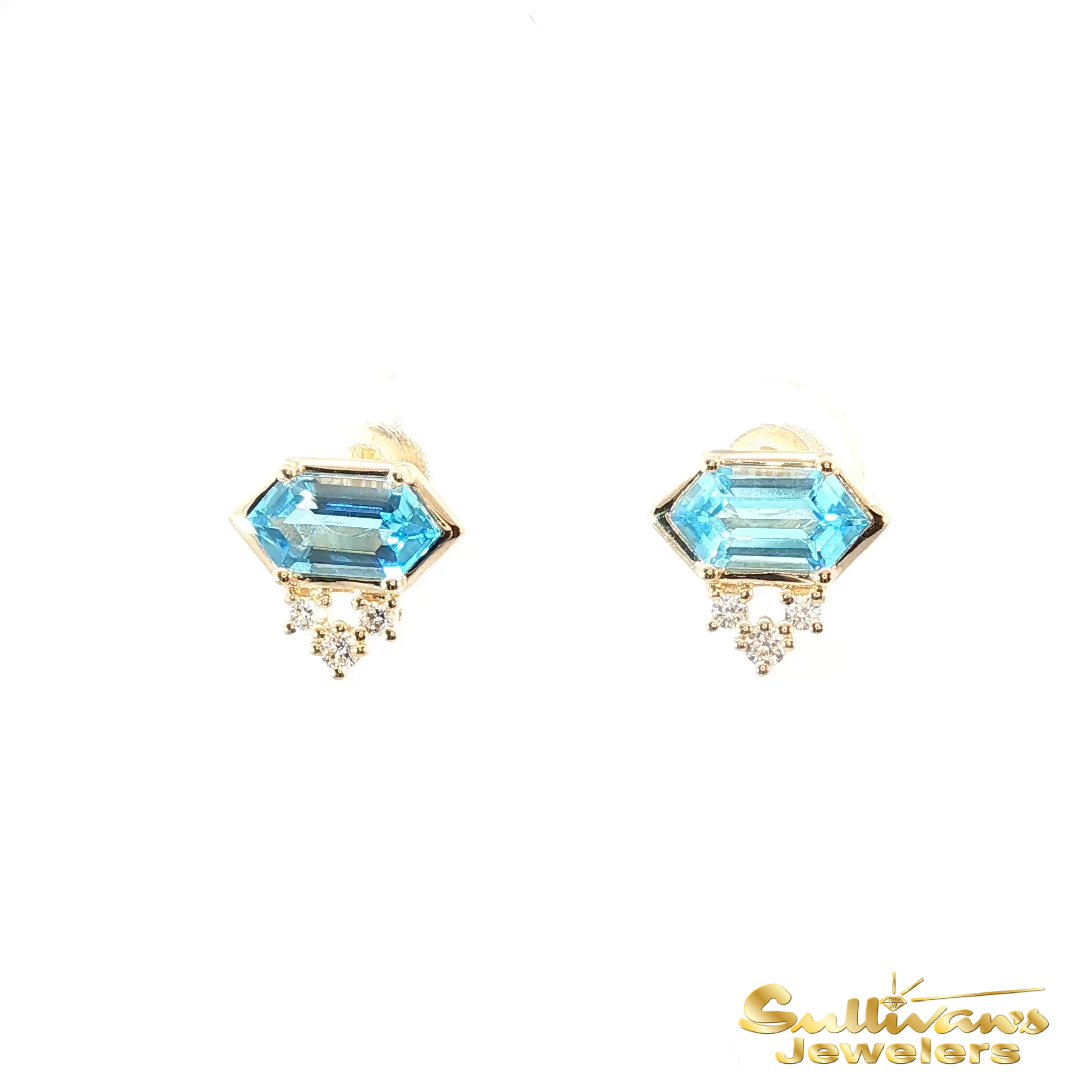 14K Yellow Gold Hexagon Blue Topaz Stud Earrings