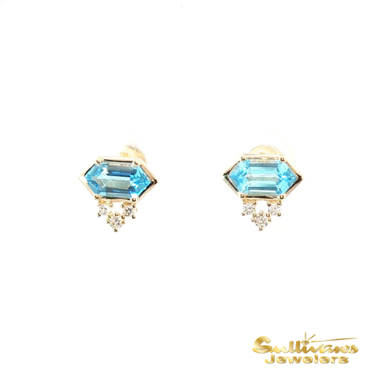 14K Yellow Gold Hexagon Blue Topaz Stud Earrings