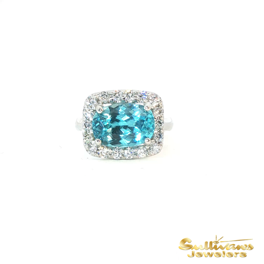 Platinum Blue Zircon Halo Ring