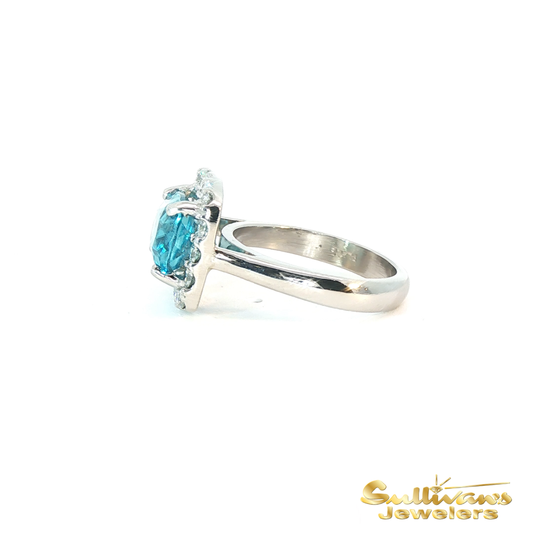 Platinum Blue Zircon Halo Ring