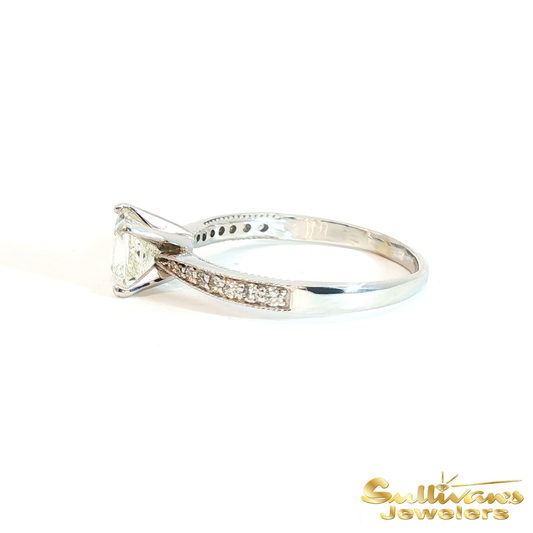 14K White Gold Engraved Princess Cut Vintage Diamond Ring