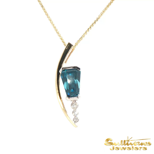 14K Two Tone Gold Blue Zircon Hexagon Pendant