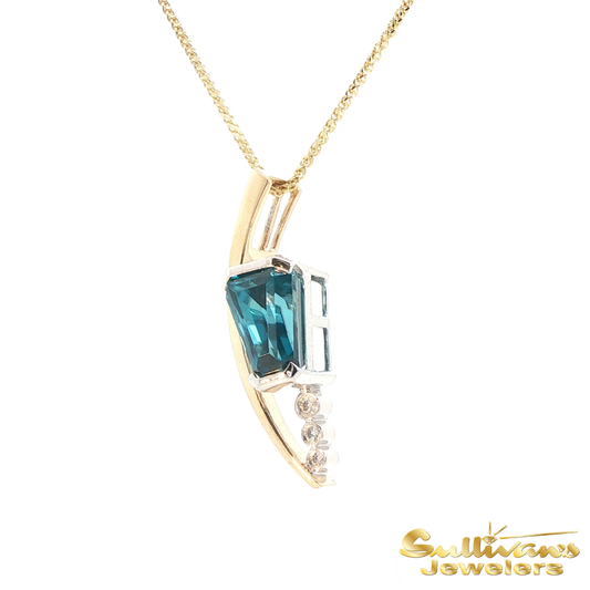 14K Two Tone Gold Blue Zircon Hexagon Pendant