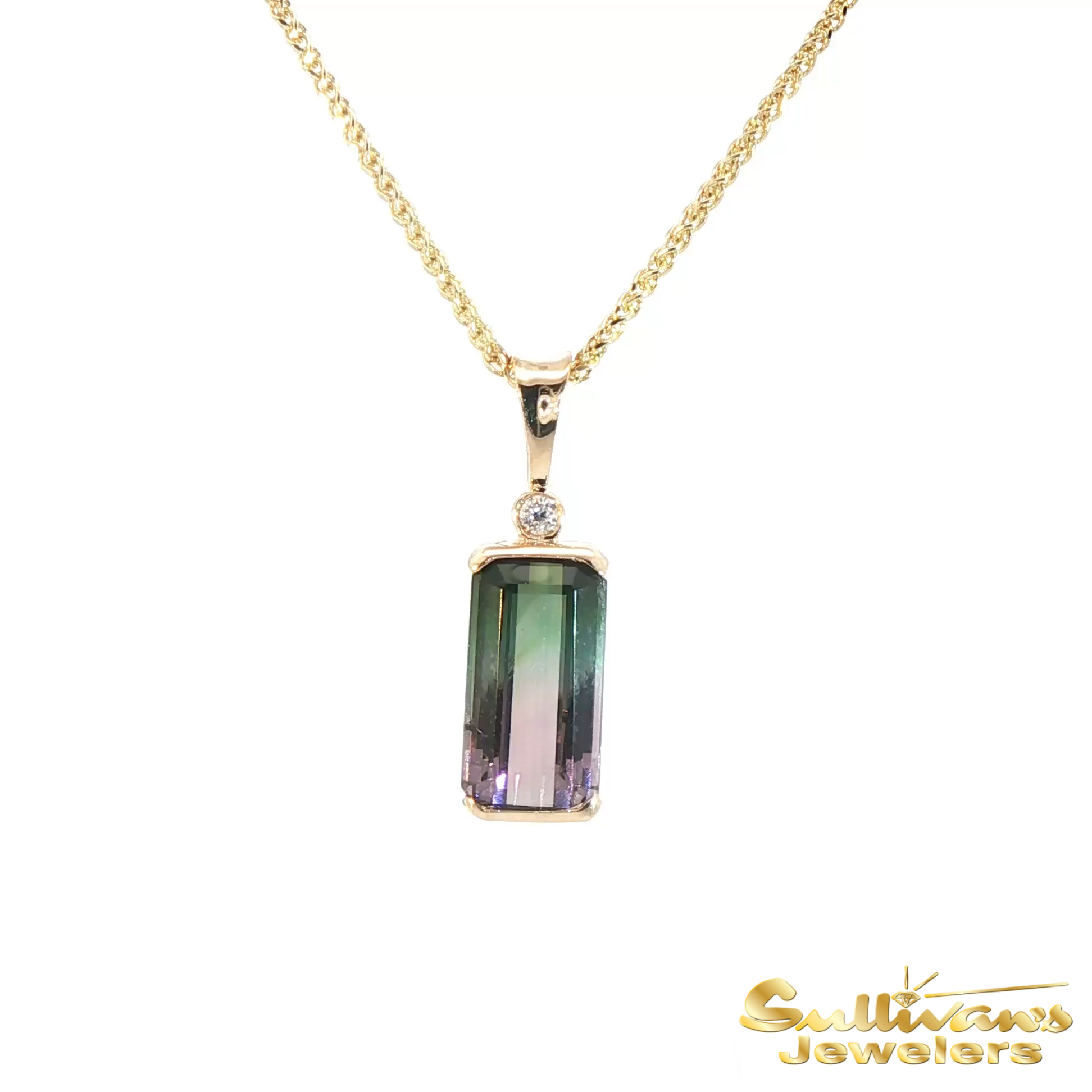 14K Yellow Gold Pink & Green Tourmaline Pendant