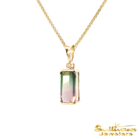 14K Yellow Gold Pink & Green Tourmaline Pendant