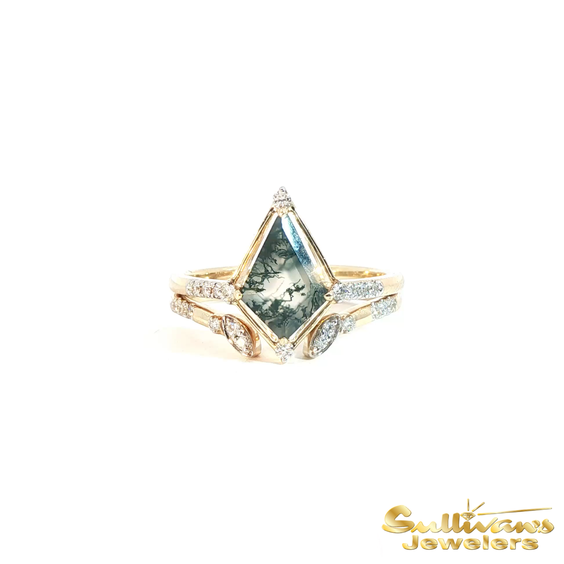 14K Yellow Gold Kite Shaped Moss Agate Ring