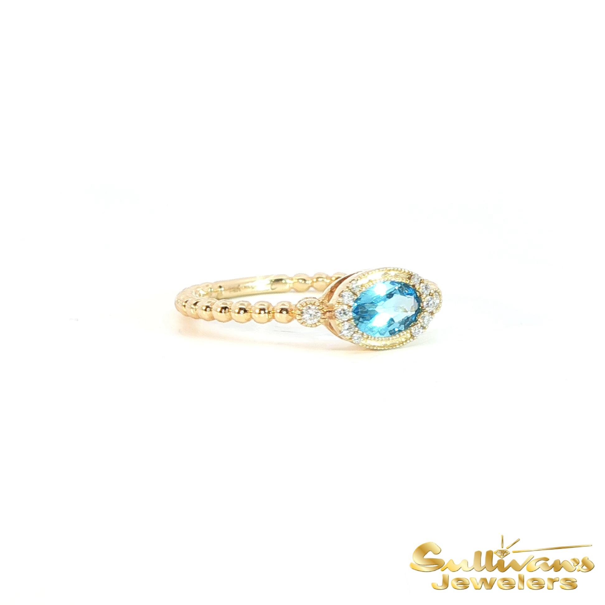 14K Yellow Gold Blue Topaz Bead Ring