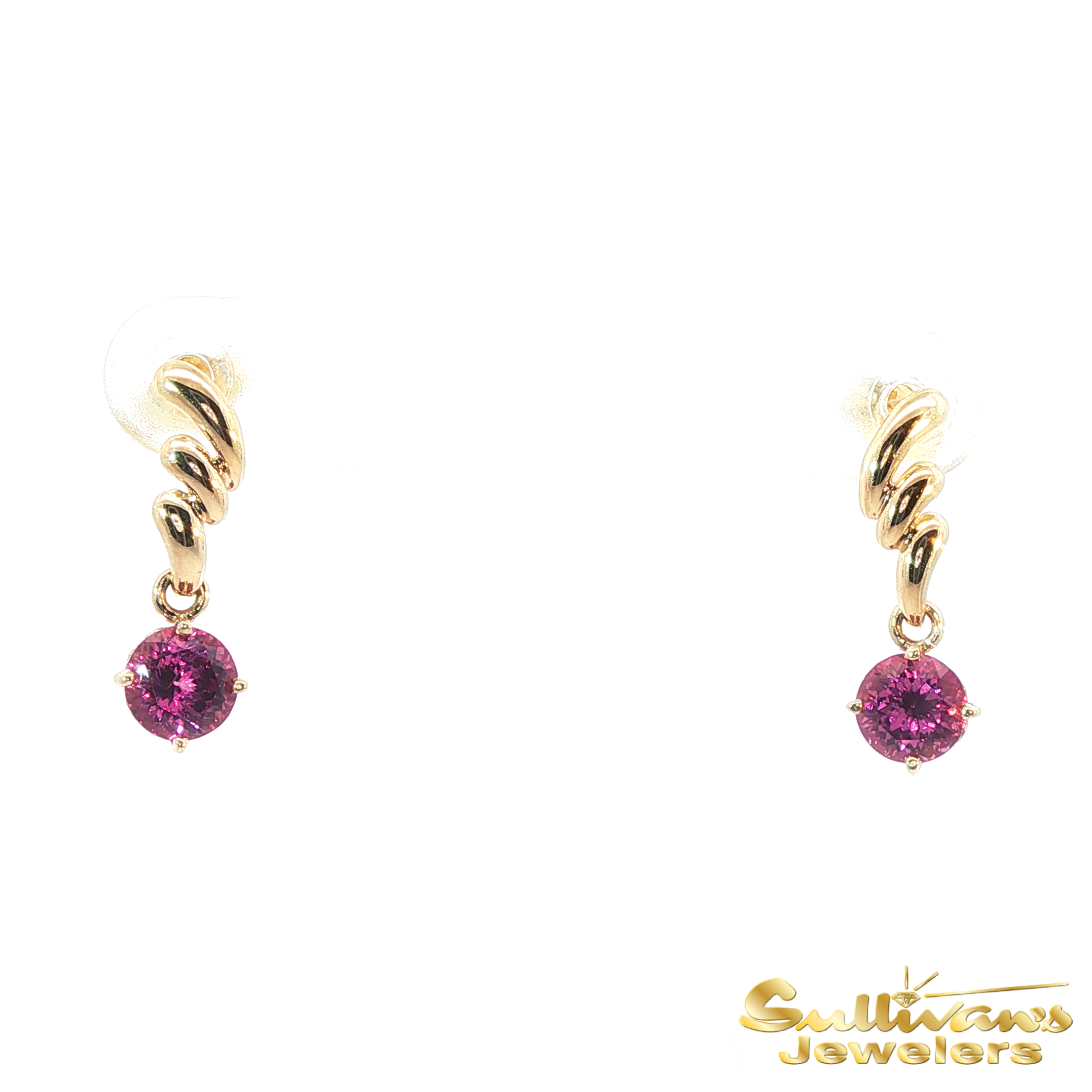 14K Yellow Gold Rhodolite Garnet Spiral Drop Earrings