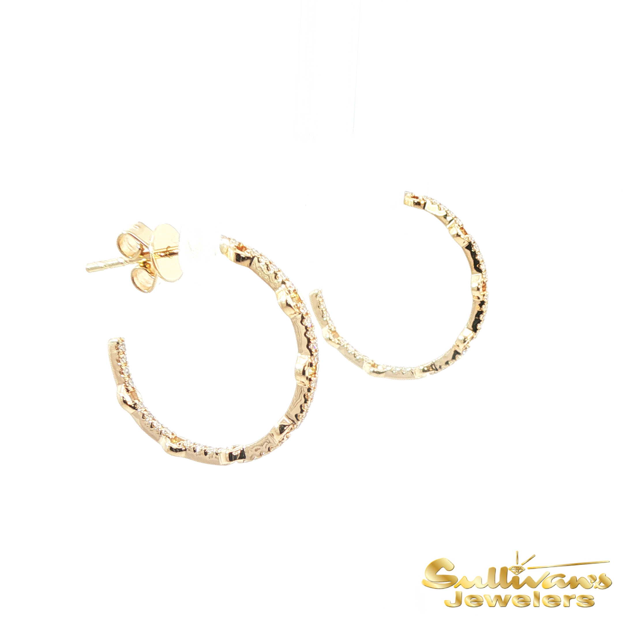 14K Yellow Gold Diamond Open Hoop Earrings