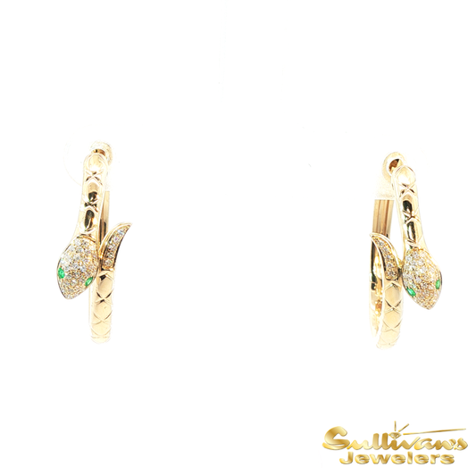 14K Yellow Gold Emerald Snake Hoop Earrings