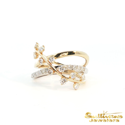14K Yellow Gold Platinum Crossover Diamond Ring