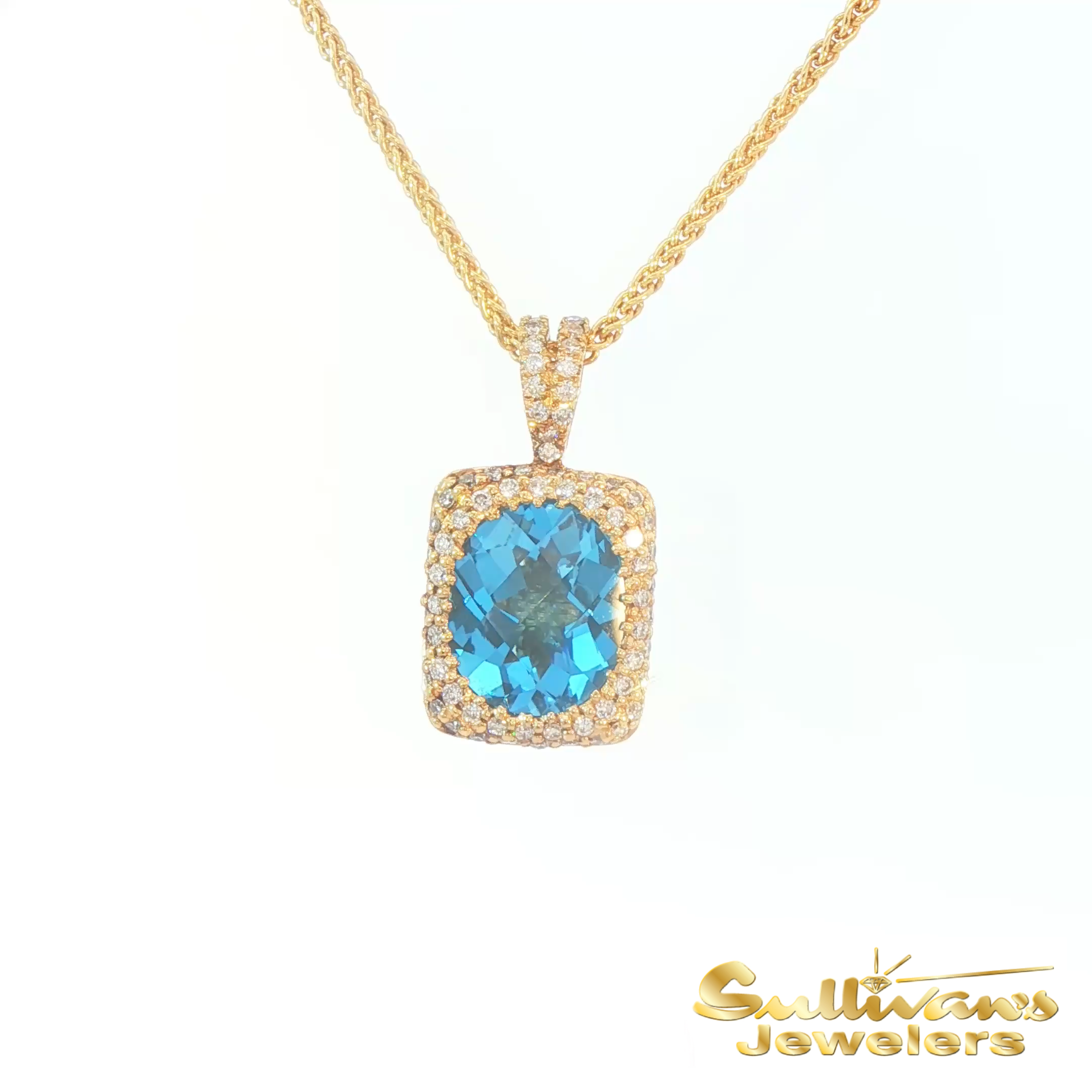 14K Yellow Gold Diamond Blue Topaz Checkered Pendant