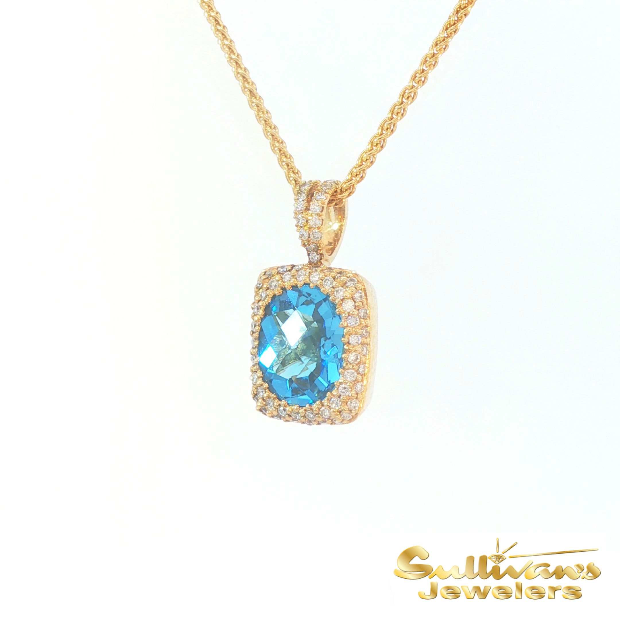 14K Yellow Gold Diamond Blue Topaz Checkered Pendant