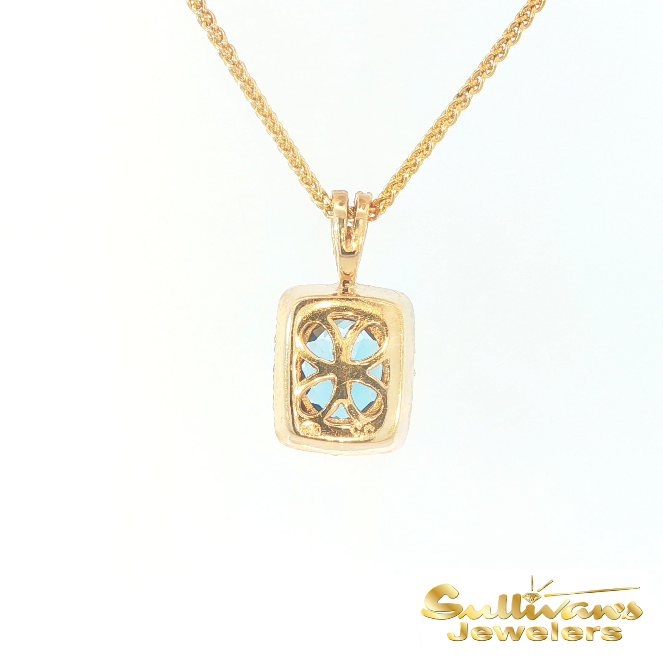 14K Yellow Gold Diamond Blue Topaz Checkered Pendant