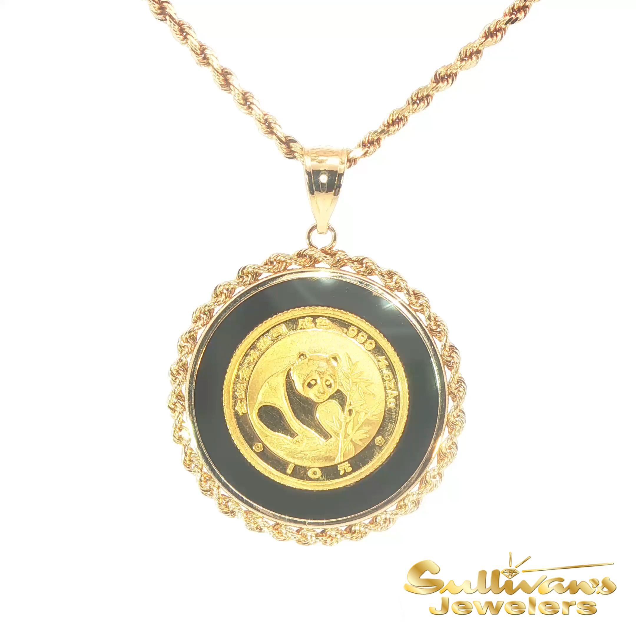 14K Yellow Gold Onyx Panda Coin Pendant