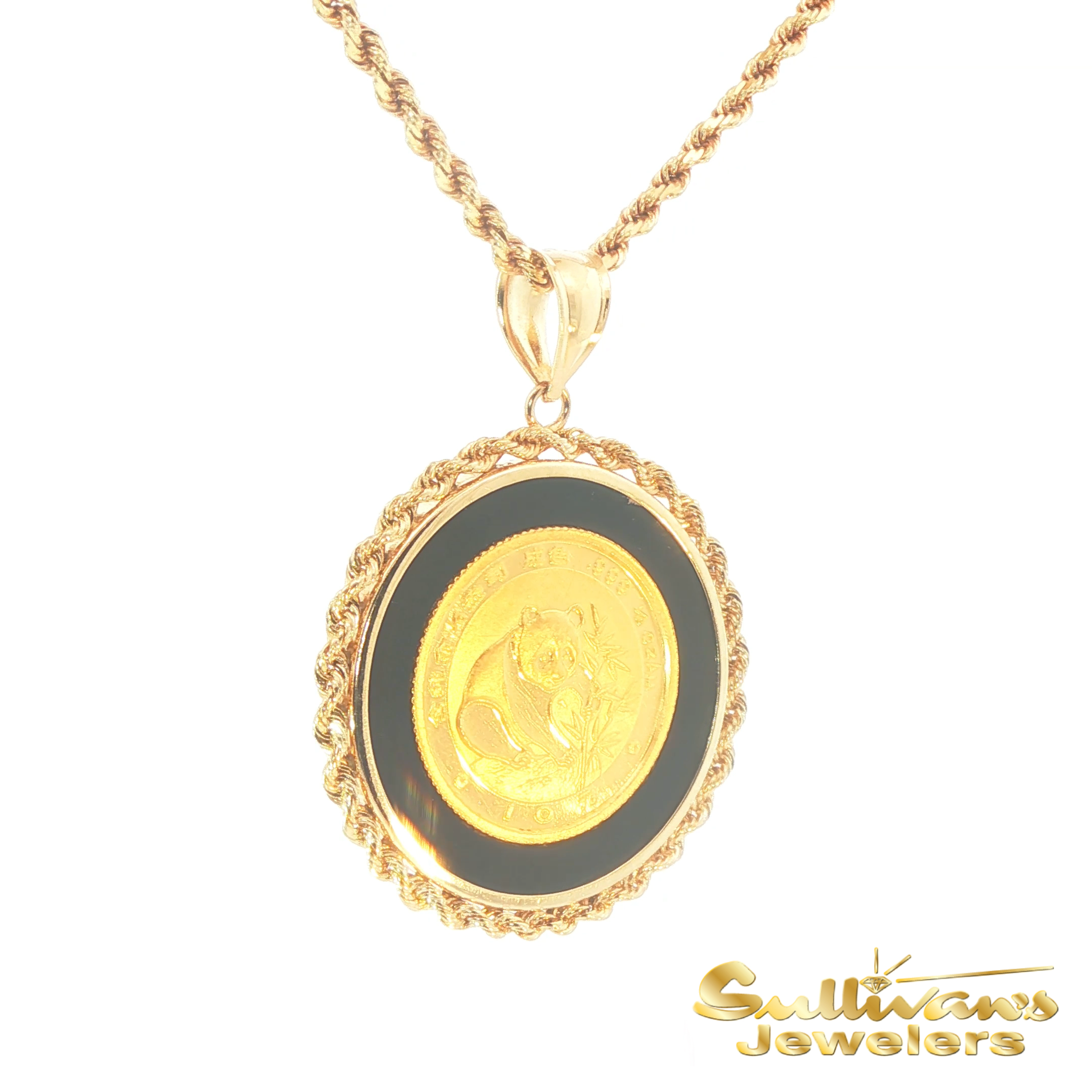 14K Yellow Gold Onyx Panda Coin Pendant