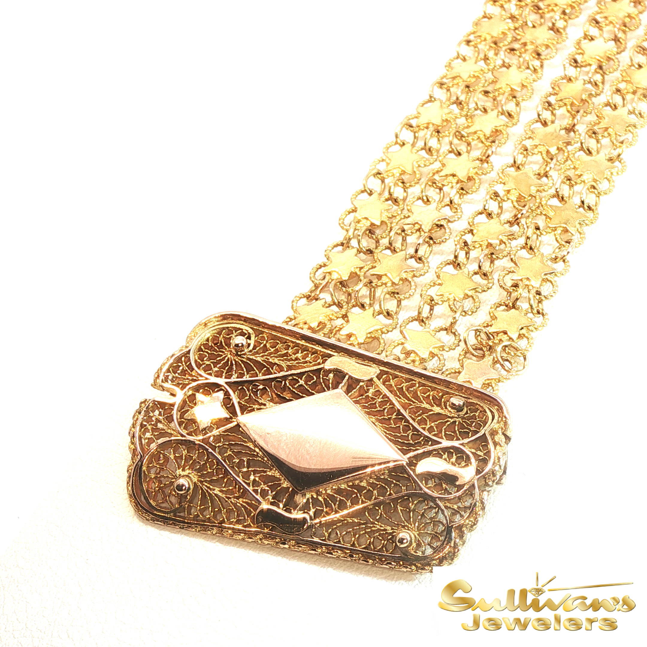 Vintage Style Yellow Gold Filigree Multi-Strand Star Link Bracelet