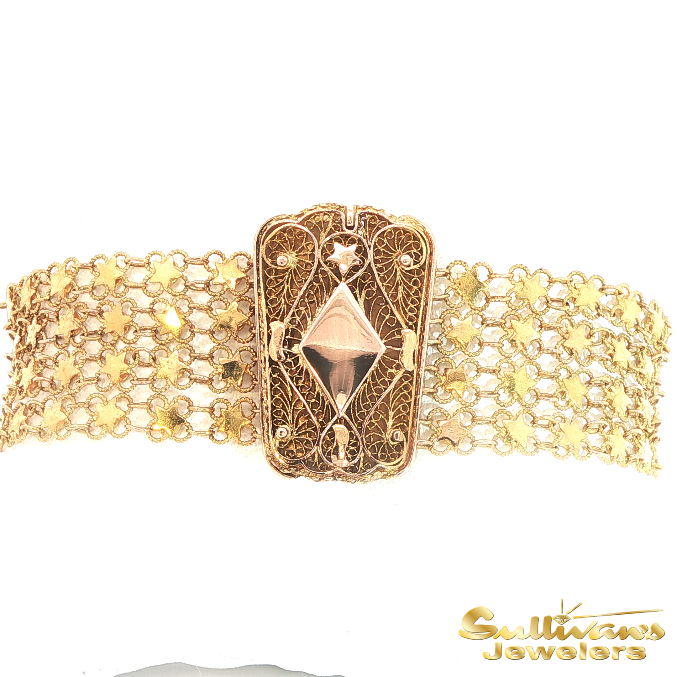 Vintage Style Yellow Gold Filigree Multi-Strand Star Link Bracelet