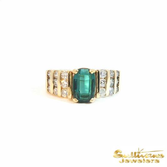 14K Yellow Gold Teal Tourmaline Diamond Ring