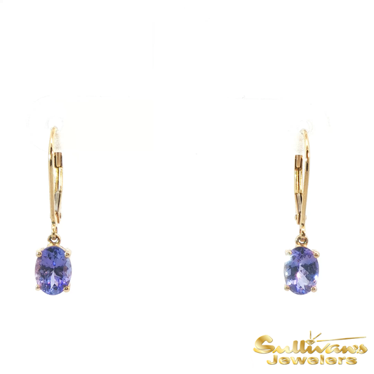 14K Yellow Gold Oval Tanzanite Drop Earrings