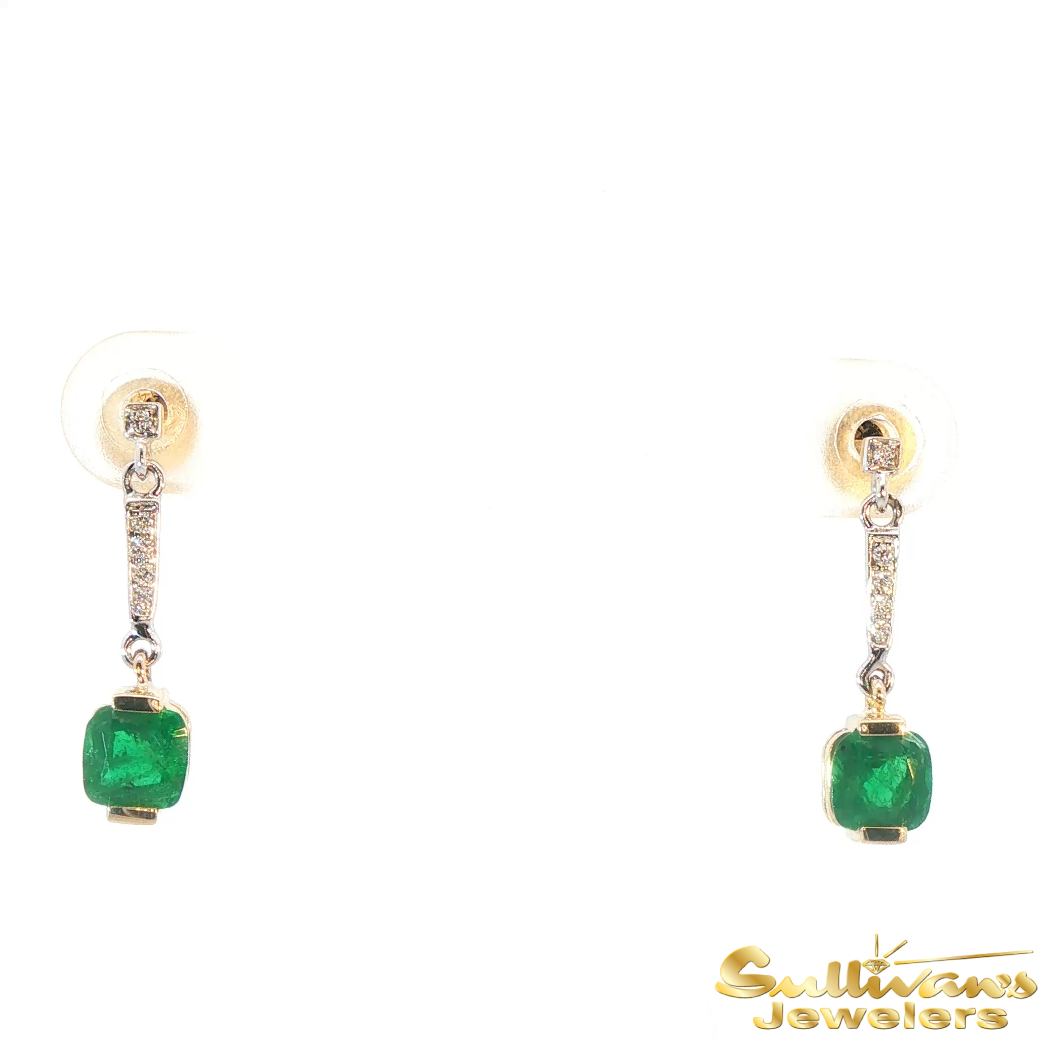 14K Two Tone Emerald Dangle Earrings