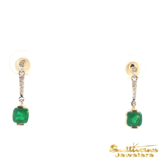 14K Two Tone Emerald Dangle Earrings