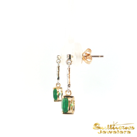 14K Two Tone Emerald Dangle Earrings