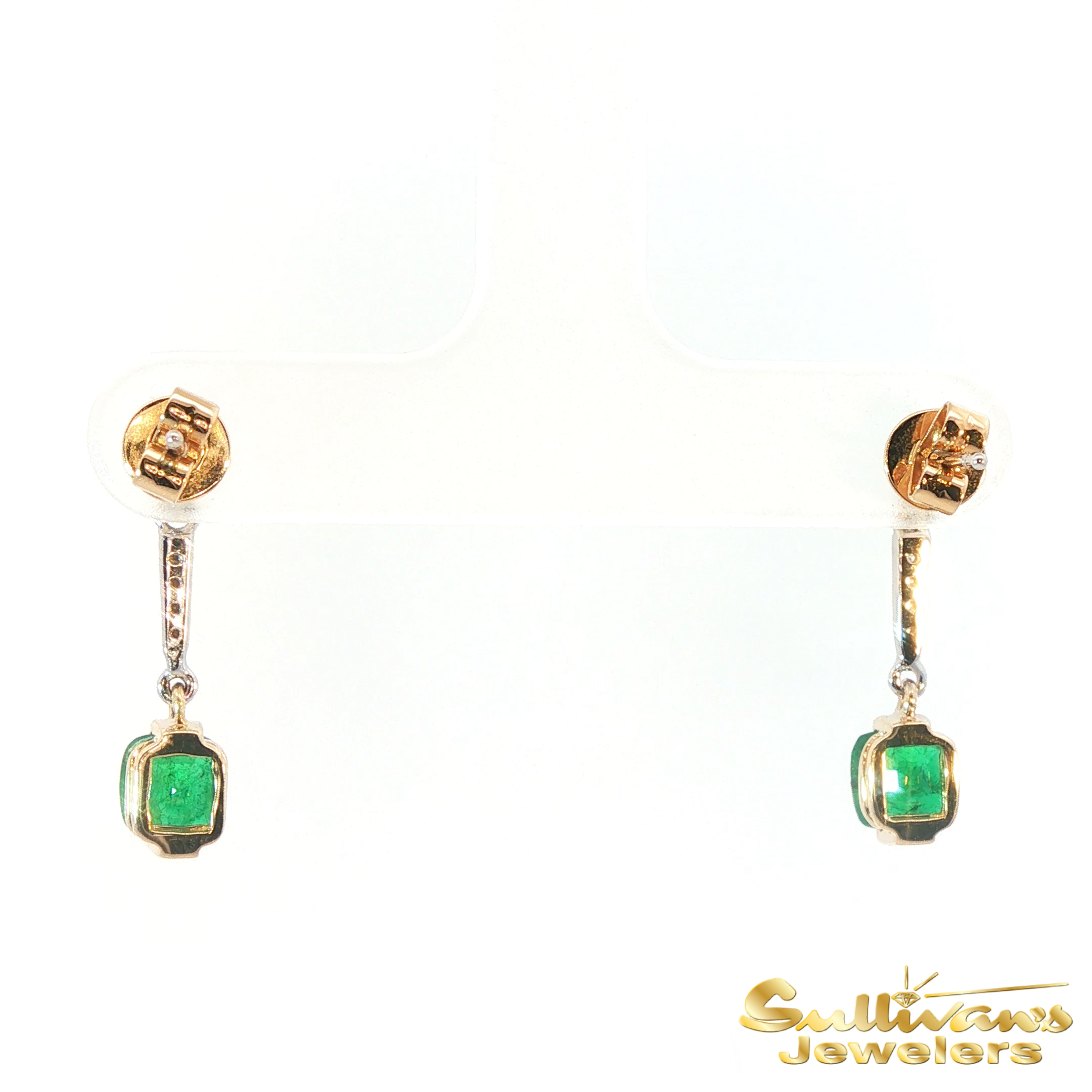 14K Two Tone Emerald Dangle Earrings