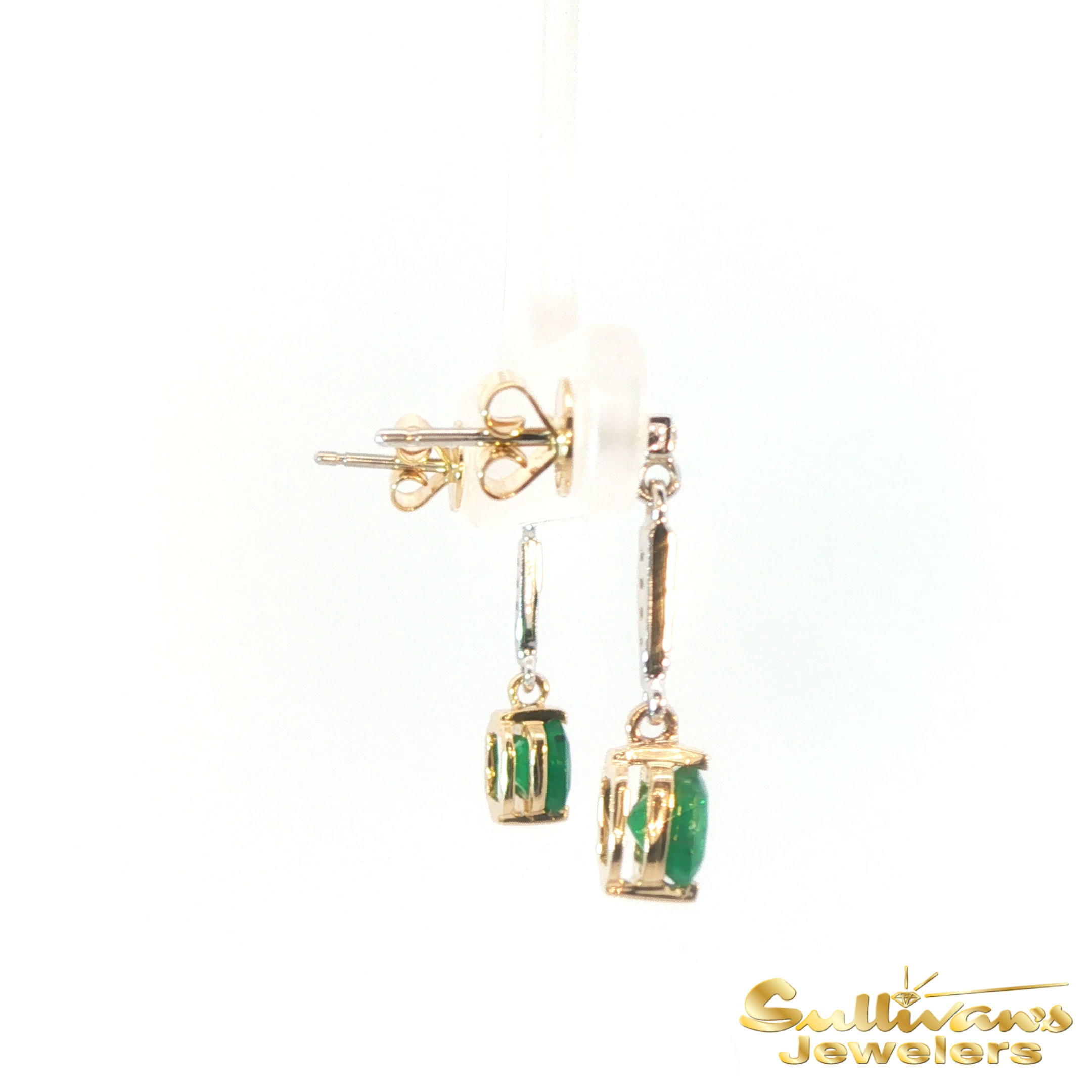 14K Two Tone Emerald Dangle Earrings