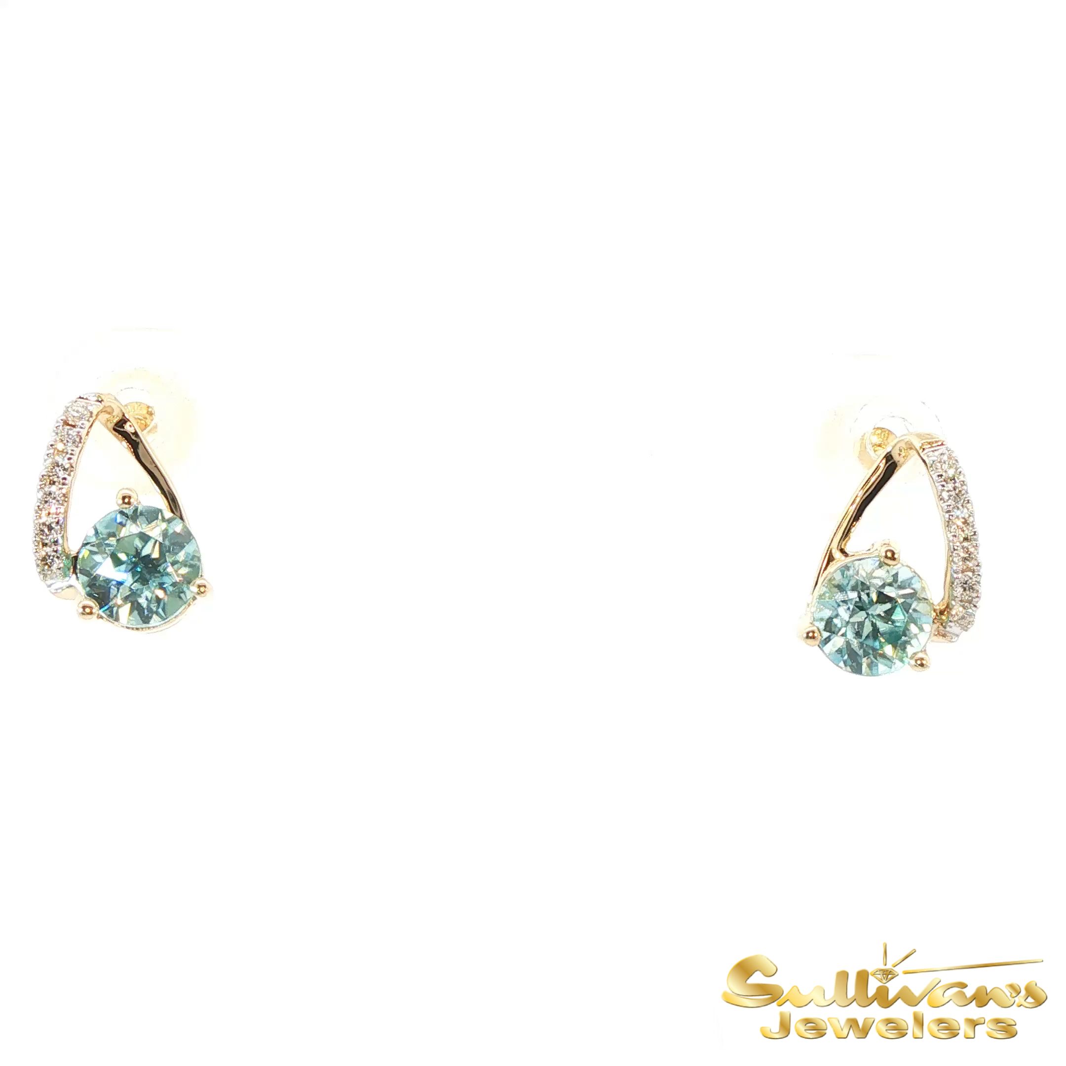14K Yellow Gold Swirl Blue Zircon Stud Earrings