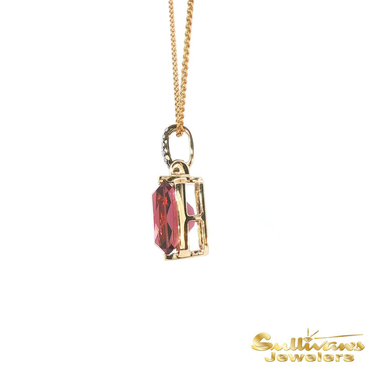 14K Yellow Gold Channel Pink Tourmaline and Diamond Pendant