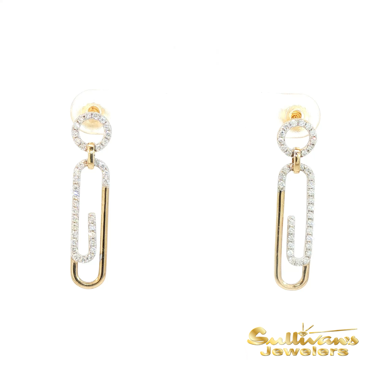14K Yellow Gold Paperclip Diamond Drop Earrings