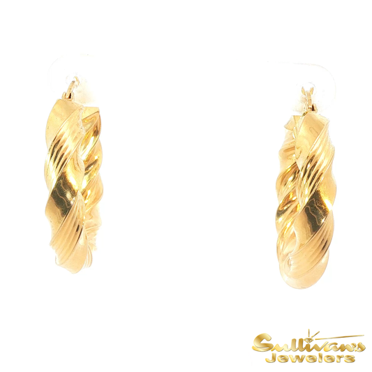 14K Yellow Gold Grooved Hoop Earrings