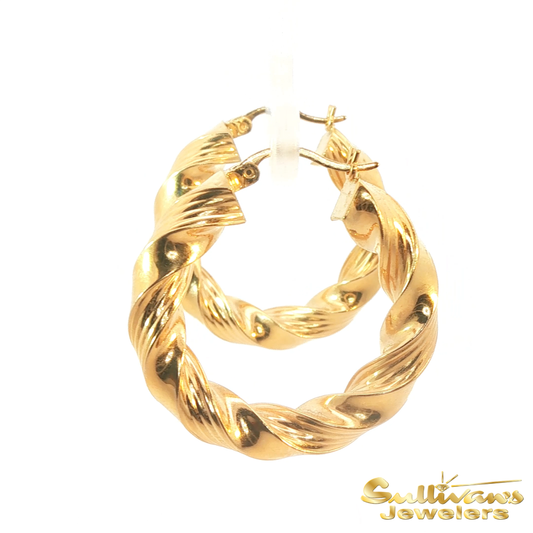 14K Yellow Gold Grooved Hoop Earrings