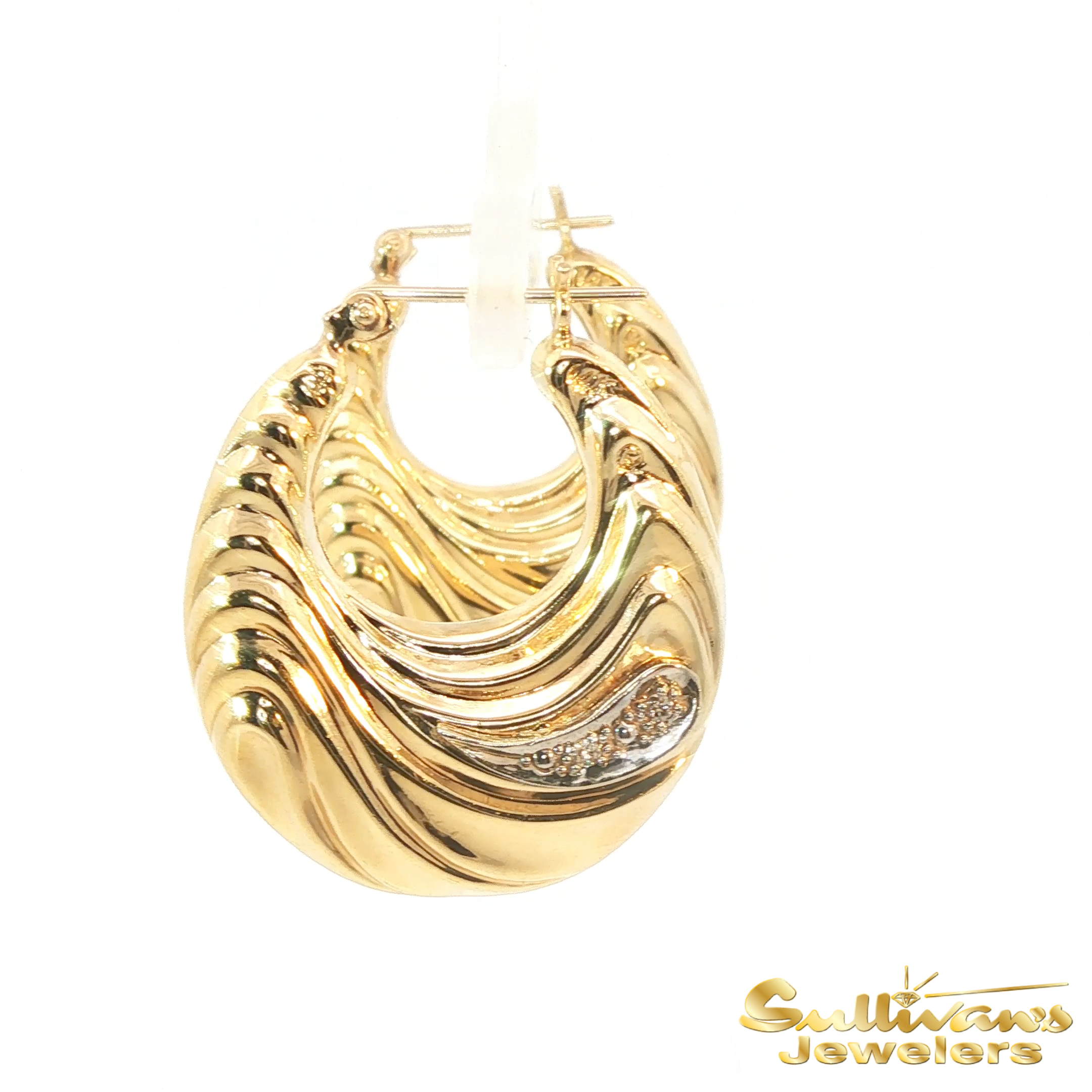 14K Yellow Gold Puff Diamond Hoop Earrings