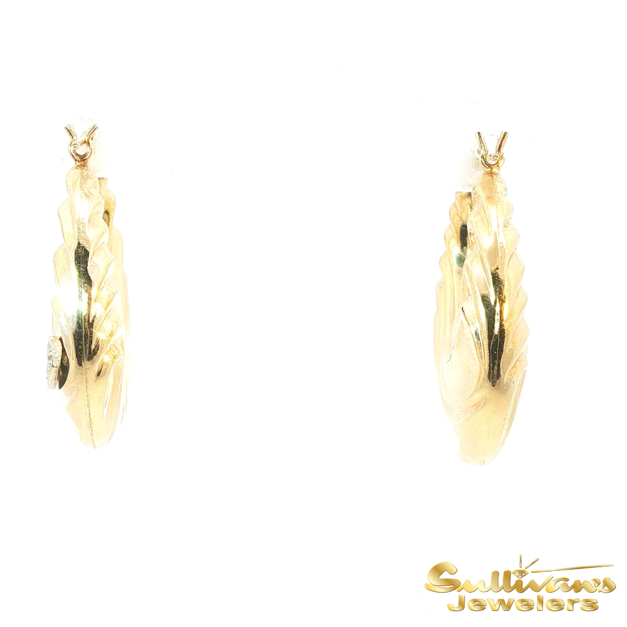 14K Yellow Gold Puff Diamond Hoop Earrings