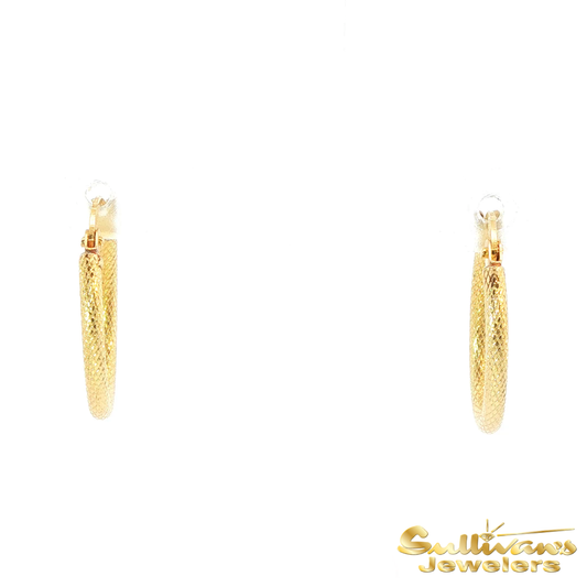 14K Yellow Gold Etched Oval Hoop Earrings