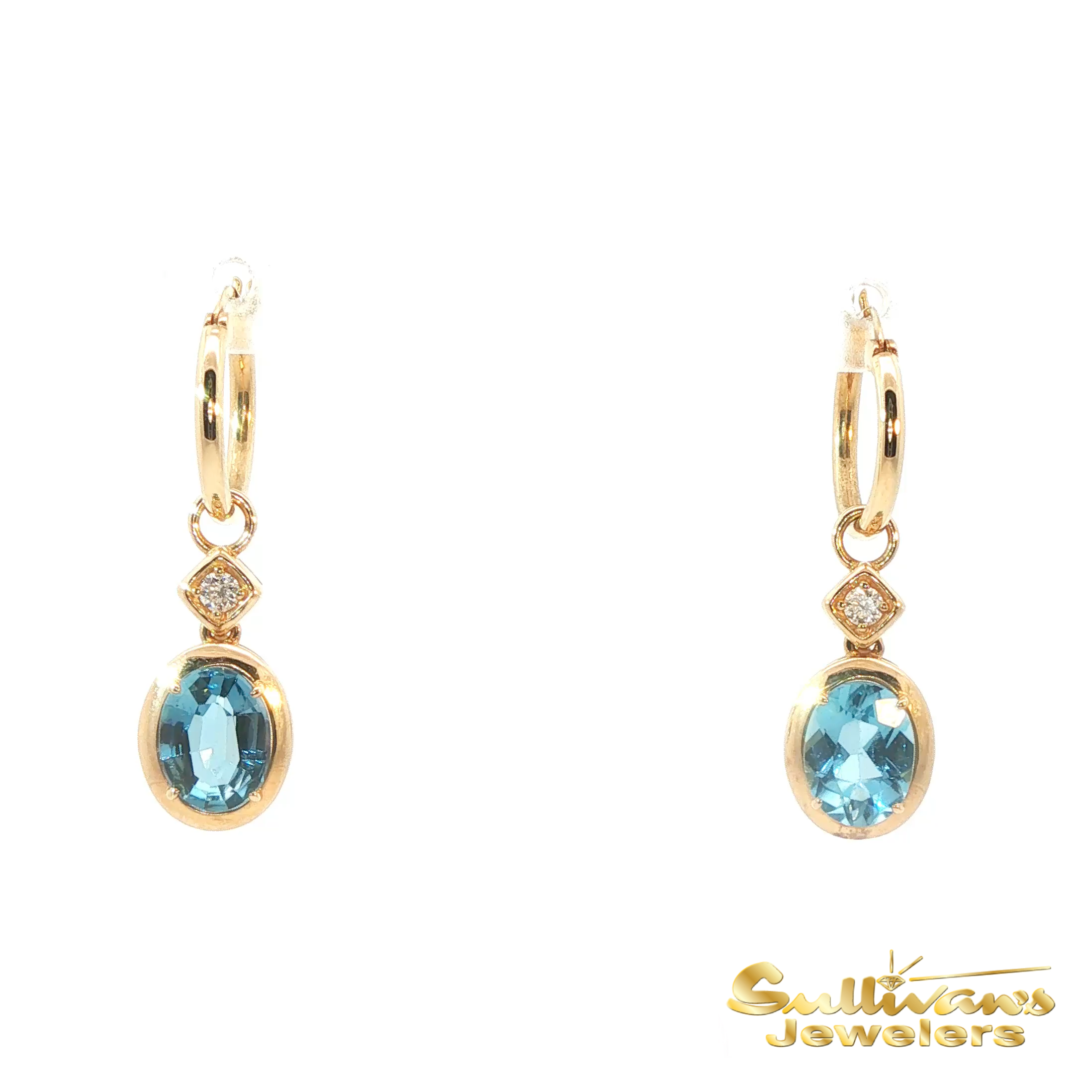 14K Yellow Gold Oval Blue Topaz Dangle Earrings