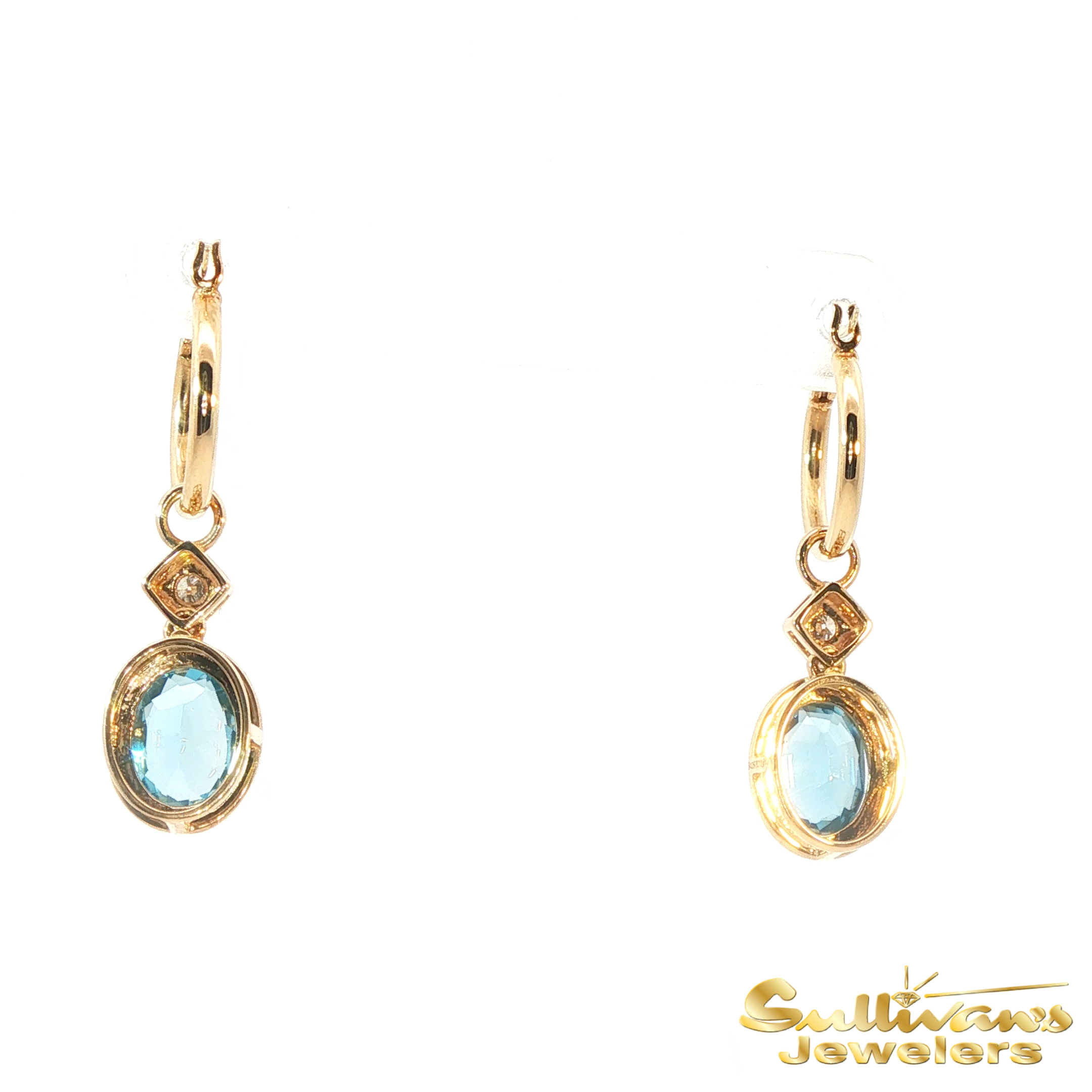 14K Yellow Gold Oval Blue Topaz Dangle Earrings