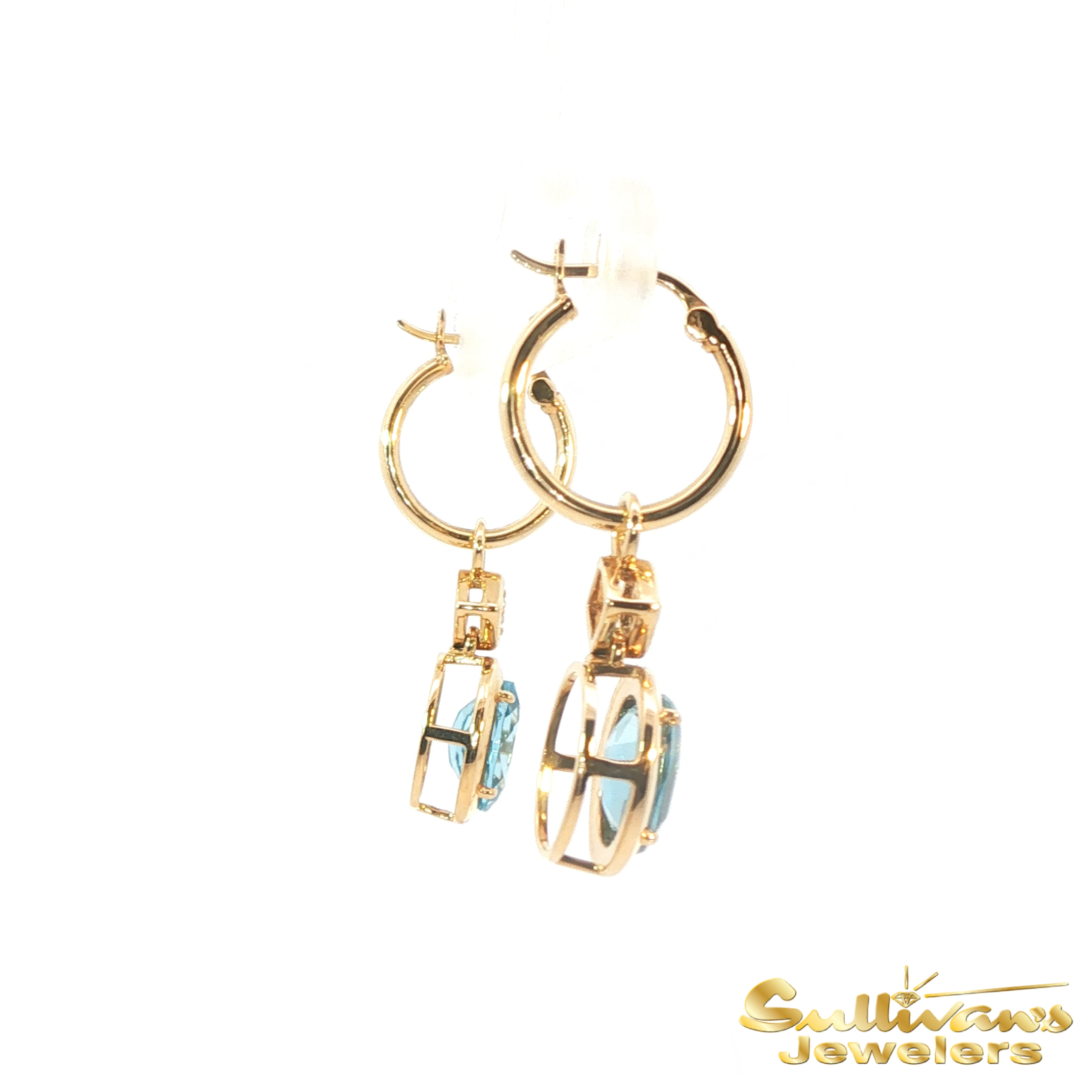 14K Yellow Gold Oval Blue Topaz Dangle Earrings
