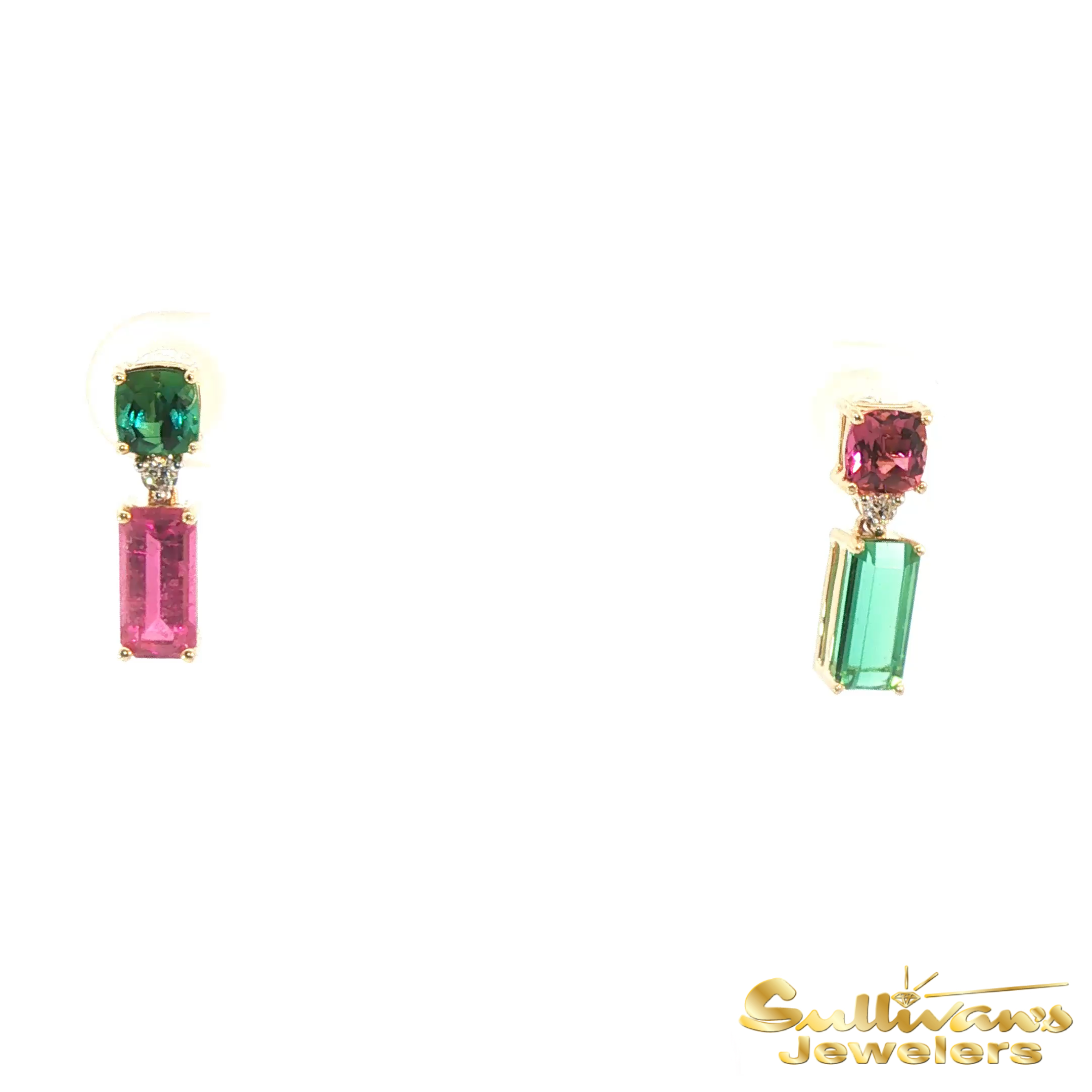 14K Yellow Gold Reverse Bicolor Tourmaline Dangle Earrings